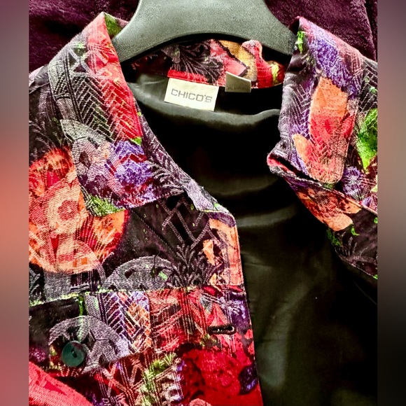 🩸Chicos Multicolor Silk Linen Blend Lined Collared Pockets Lightweight Jacket L - Picture 4 of 13